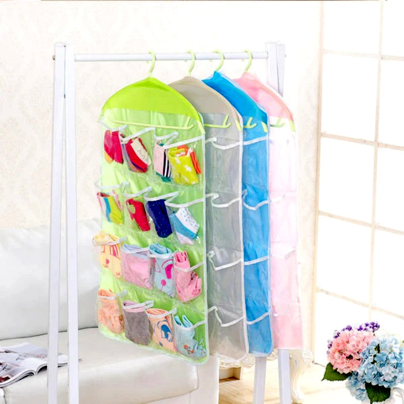 16 Pocket Multifunctional Hanging Organizer Clear Door/Wall Storage Bag for Baby Clothes, Socks & Accessories