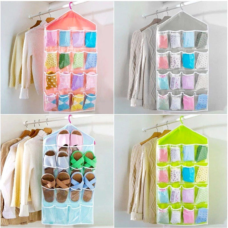 16 Pocket Multifunctional Hanging Organizer Clear Door/Wall Storage Bag for Baby Clothes, Socks & Accessories