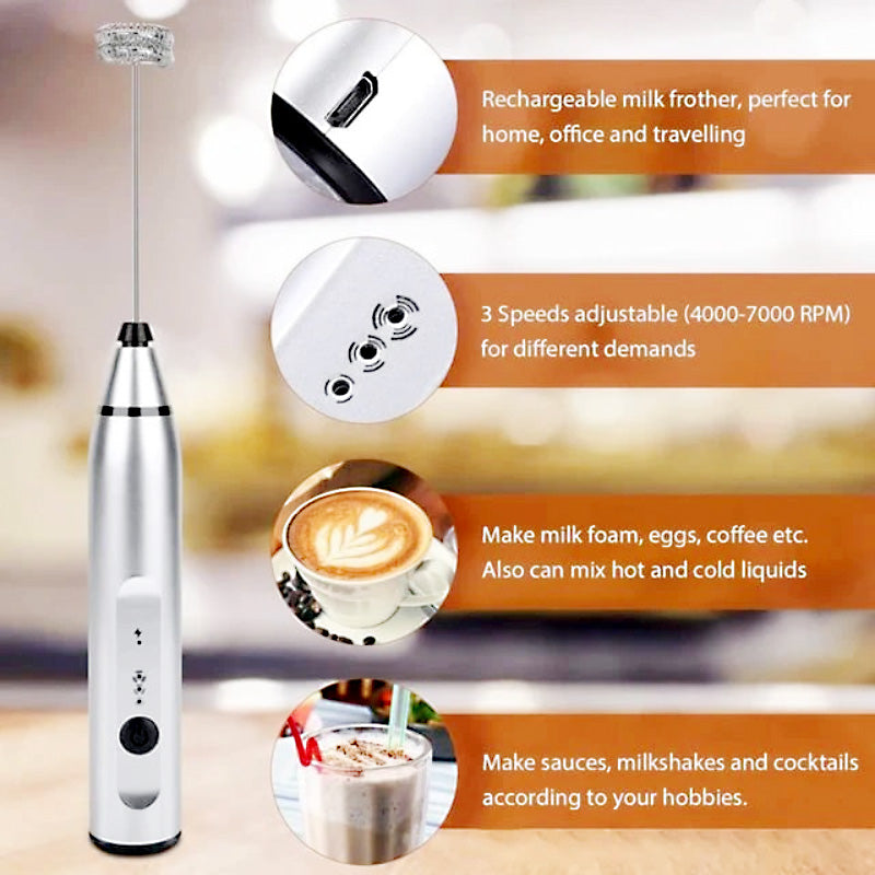 2 in 1 USB Rechargeable Milk Frother & Egg Beater 3 Speed Handheld Electric Foam Maker