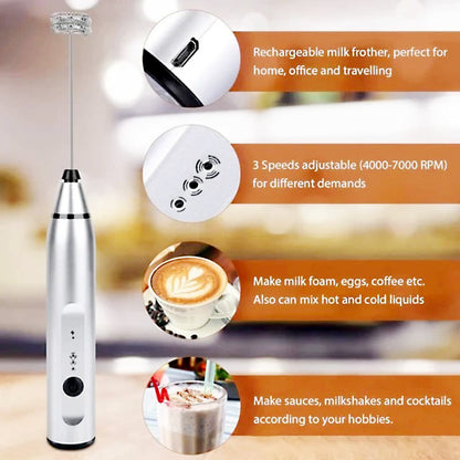 2 in 1 USB Rechargeable Milk Frother & Egg Beater 3 Speed Handheld Electric Foam Maker
