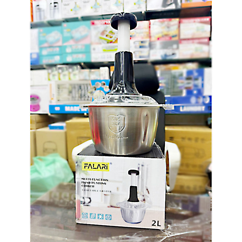 2L Stainless Steel Manual Food Chopper Heavy Duty Hand Push Food Processor with 4 Curved Blades