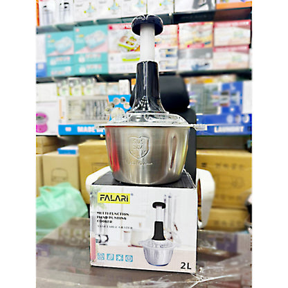 2L Stainless Steel Manual Food Chopper Heavy Duty Hand Push Food Processor with 4 Curved Blades