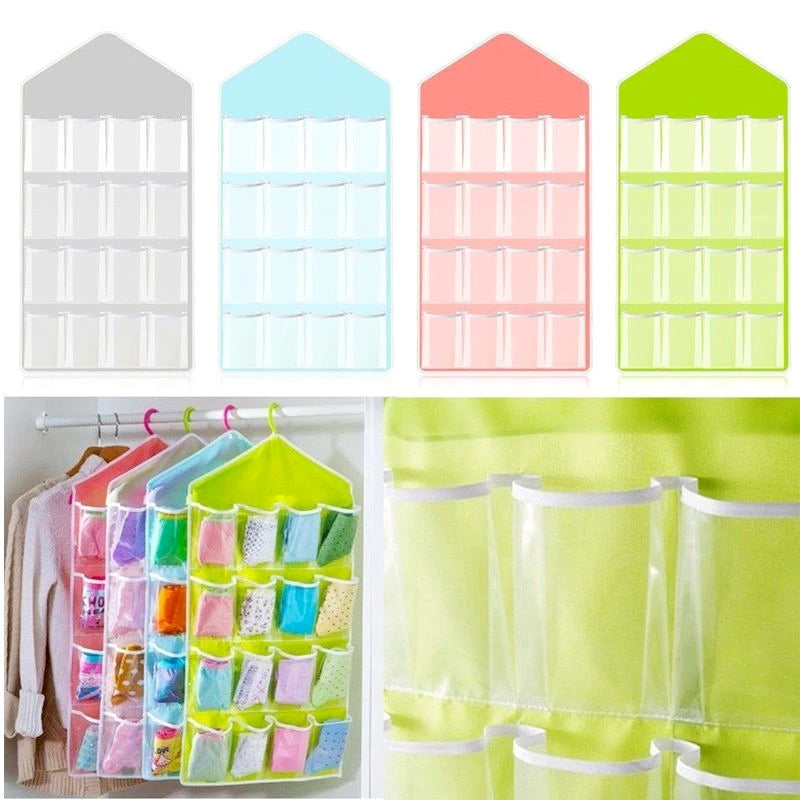 16 Pocket Multifunctional Hanging Organizer Clear Door/Wall Storage Bag for Baby Clothes, Socks & Accessories
