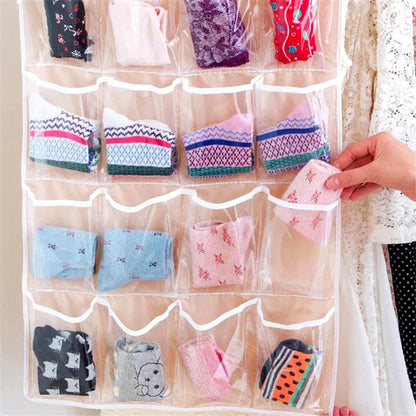 16 Pocket Multifunctional Hanging Organizer Clear Door/Wall Storage Bag for Baby Clothes, Socks & Accessories