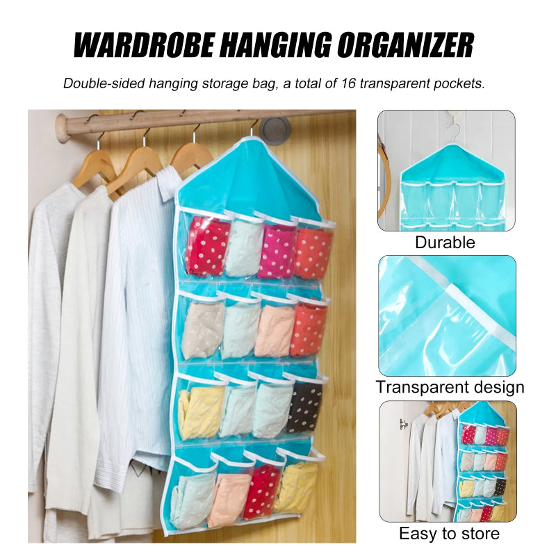 16 Pocket Multifunctional Hanging Organizer Clear Door/Wall Storage Bag for Baby Clothes, Socks & Accessories
