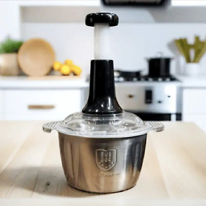 2L Stainless Steel Manual Food Chopper Heavy Duty Hand Push Food Processor with 4 Curved Blades