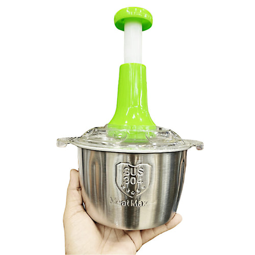 2L Stainless Steel Manual Food Chopper Heavy Duty Hand Push Food Processor with 4 Curved Blades