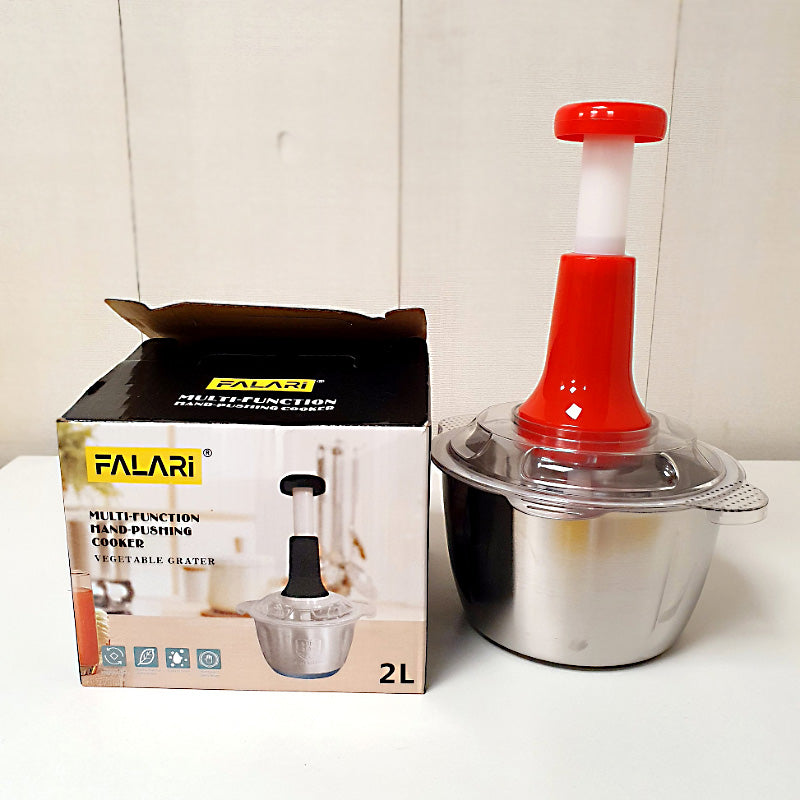 2L Stainless Steel Manual Food Chopper Heavy Duty Hand Push Food Processor with 4 Curved Blades