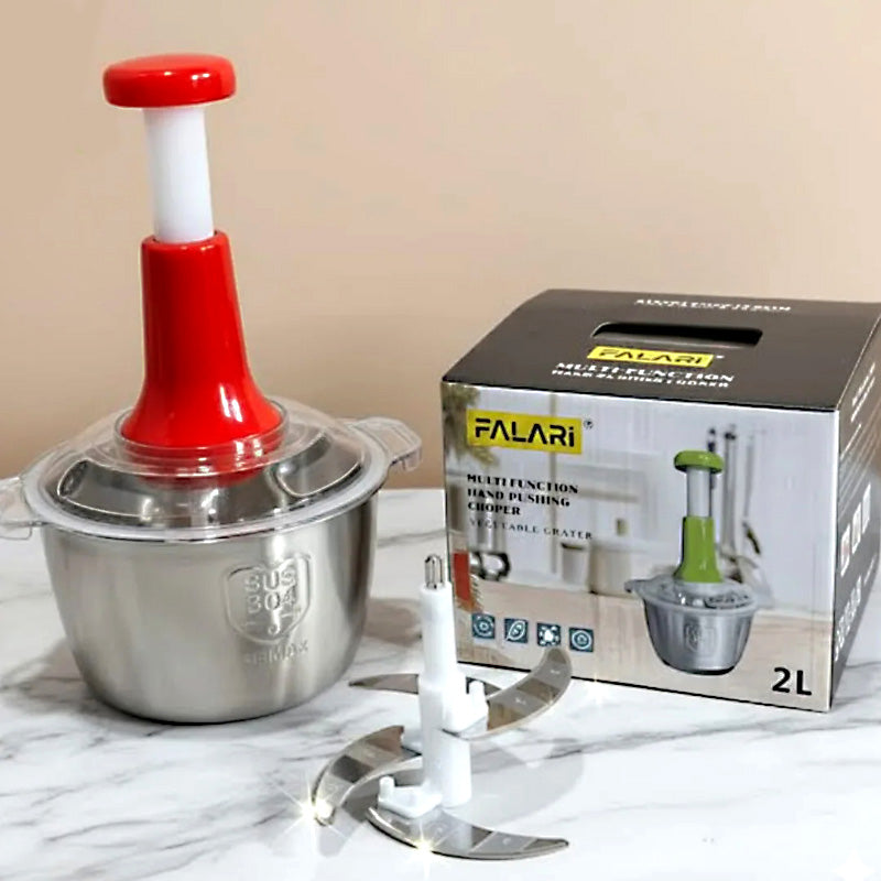 2L Stainless Steel Manual Food Chopper Heavy Duty Hand Push Food Processor with 4 Curved Blades