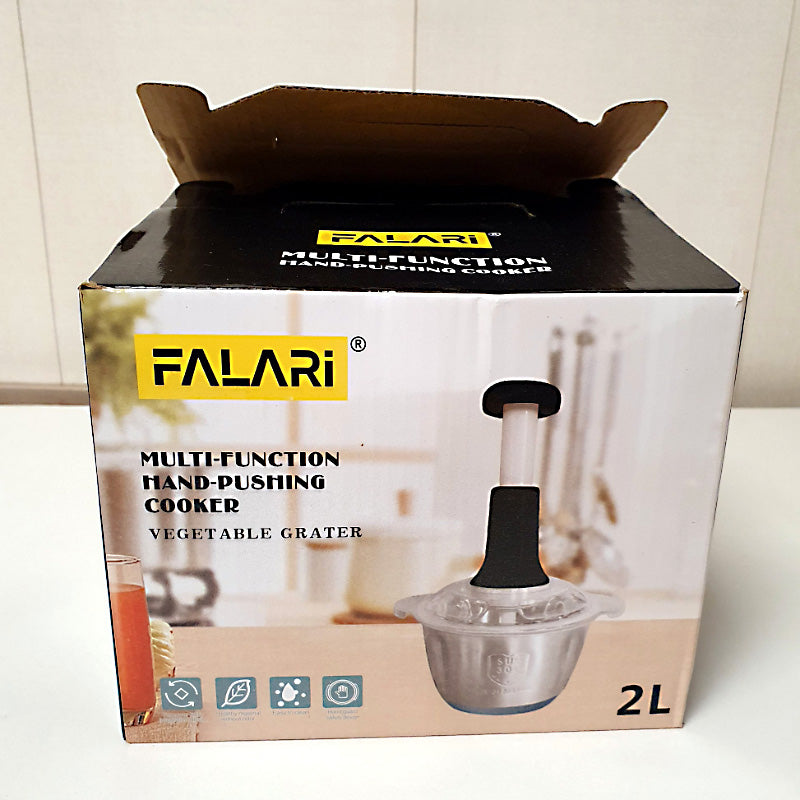 2L Stainless Steel Manual Food Chopper Heavy Duty Hand Push Food Processor with 4 Curved Blades