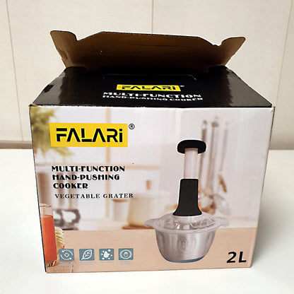 2L Stainless Steel Manual Food Chopper Heavy Duty Hand Push Food Processor with 4 Curved Blades