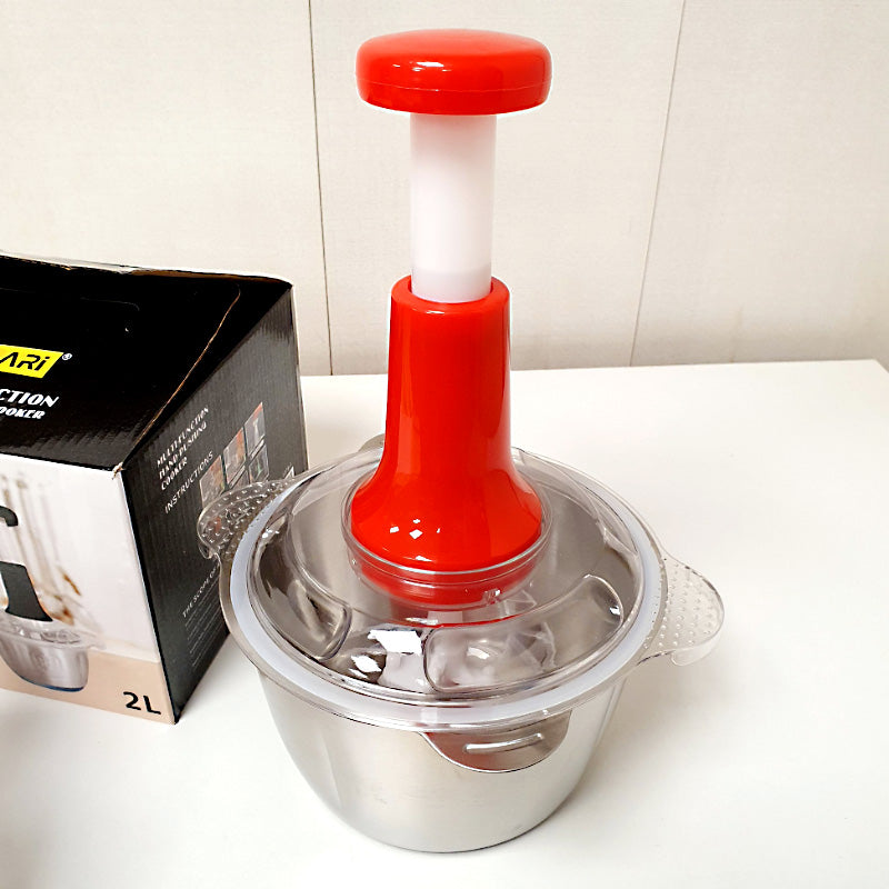 2L Stainless Steel Manual Food Chopper Heavy Duty Hand Push Food Processor with 4 Curved Blades