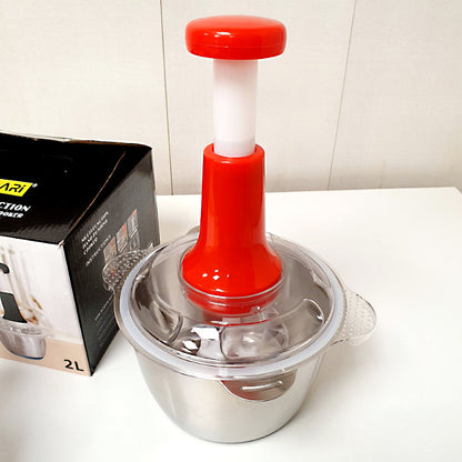 2L Stainless Steel Manual Food Chopper Heavy Duty Hand Push Food Processor with 4 Curved Blades