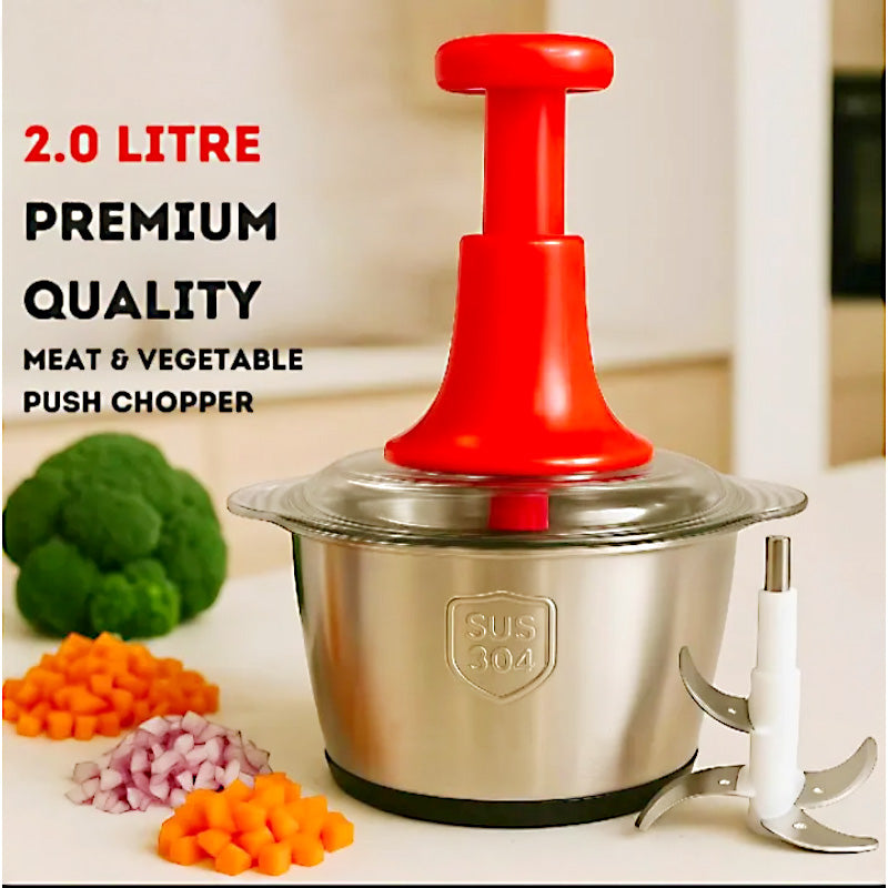 2L Stainless Steel Manual Food Chopper Heavy Duty Hand Push Food Processor with 4 Curved Blades