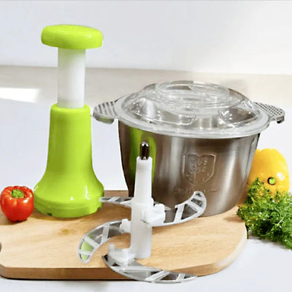 2L Stainless Steel Manual Food Chopper Heavy Duty Hand Push Food Processor with 4 Curved Blades